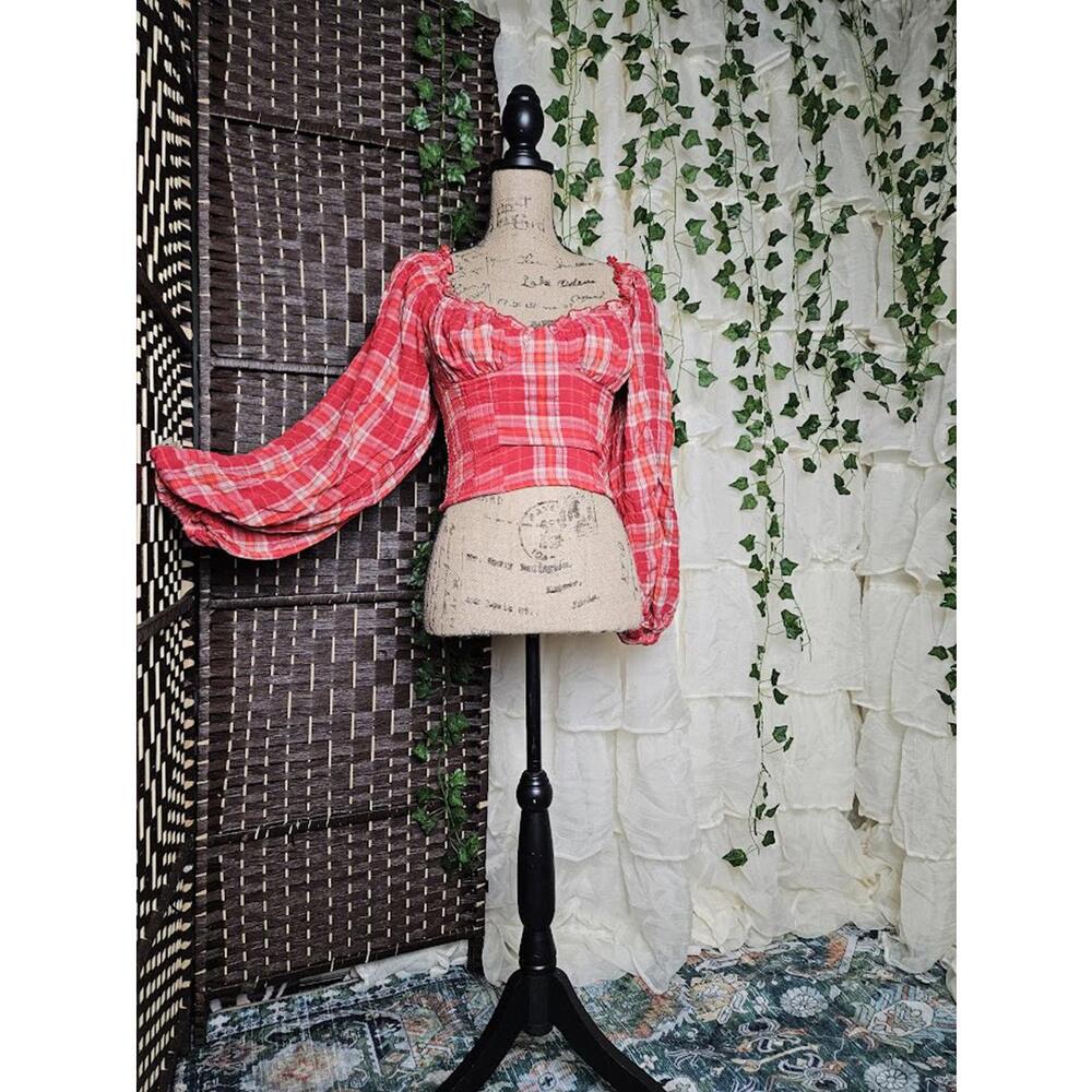 Free People Red Plaid Smocked Top Ruffle Off Shoulder Cottagecore Romantic XS